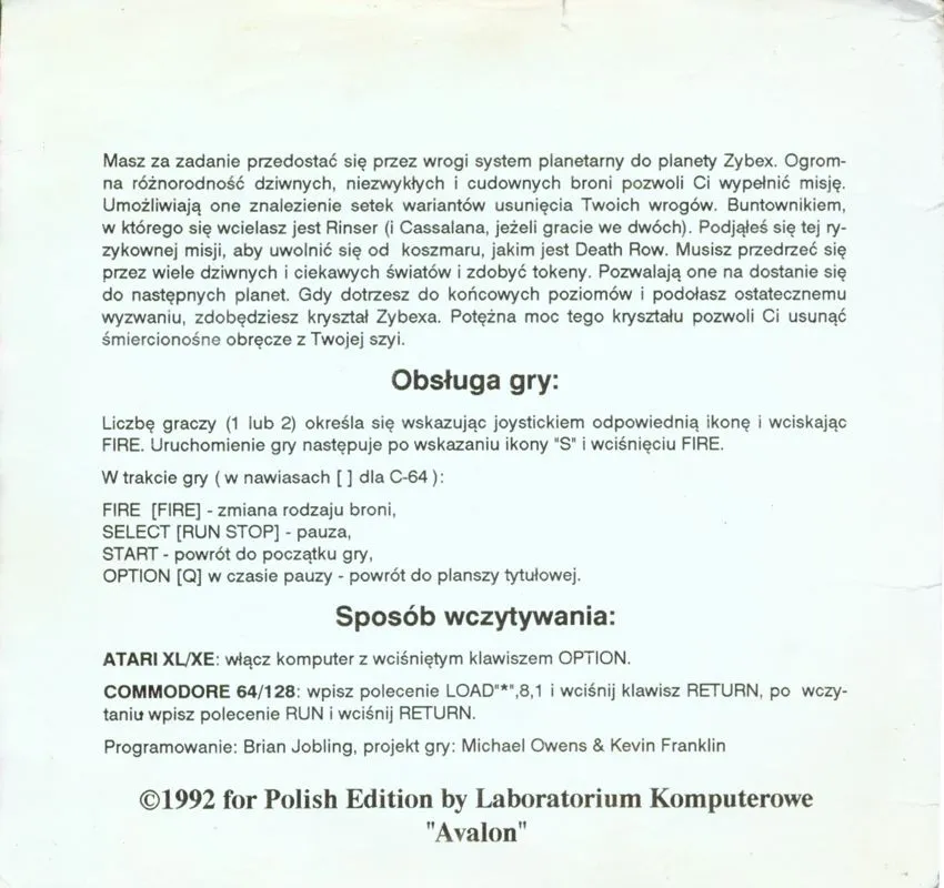 Oryginalna okładka Zybex – Atari XL/XE